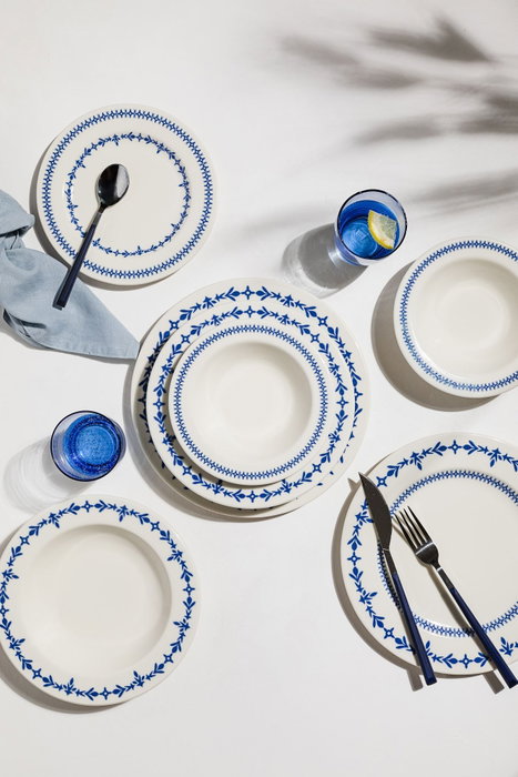 Hermia Blue Orbit Bonsai Juego de Cena de 24 Piezas en Blanco y Azul